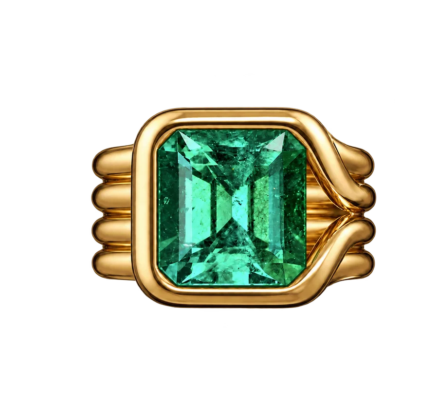 Emerald-cut Colombian emerald signet ring in sculpted 18K yellow gold