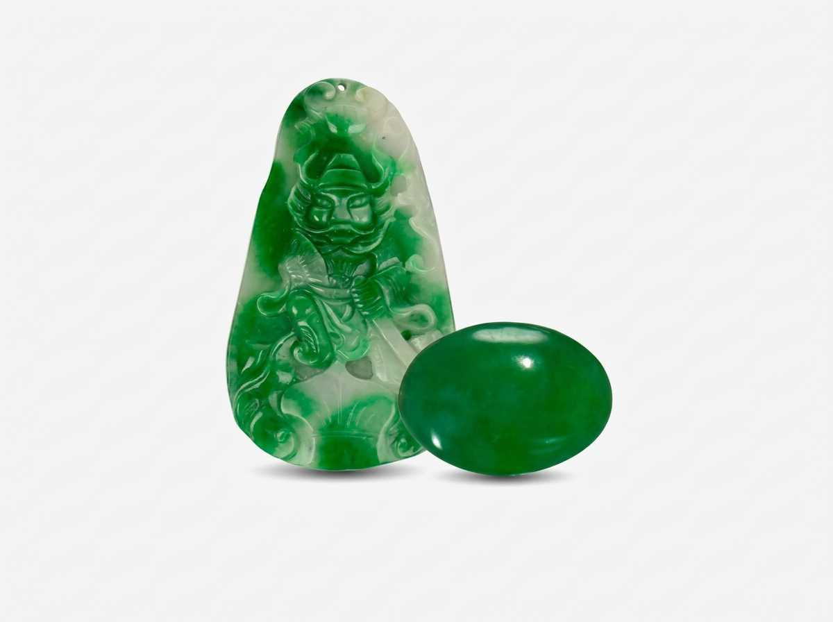 A carved jadeite pendant plus a polished green jadeite cabochon