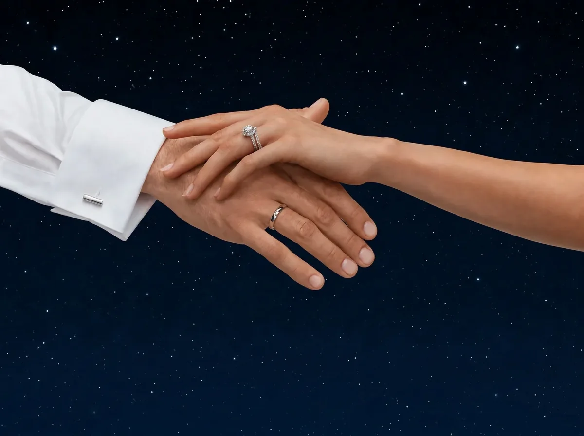 Two hands touching under a starry night sky, the woman wearing a diamond engagement ring