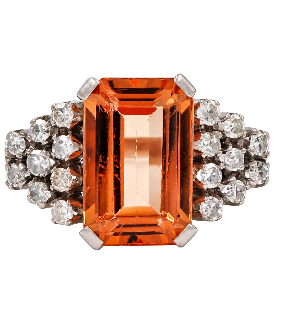 Emerald-cut orange Imperial topaz ring with diamond cluster shoulders in white gold by Studio ALOI