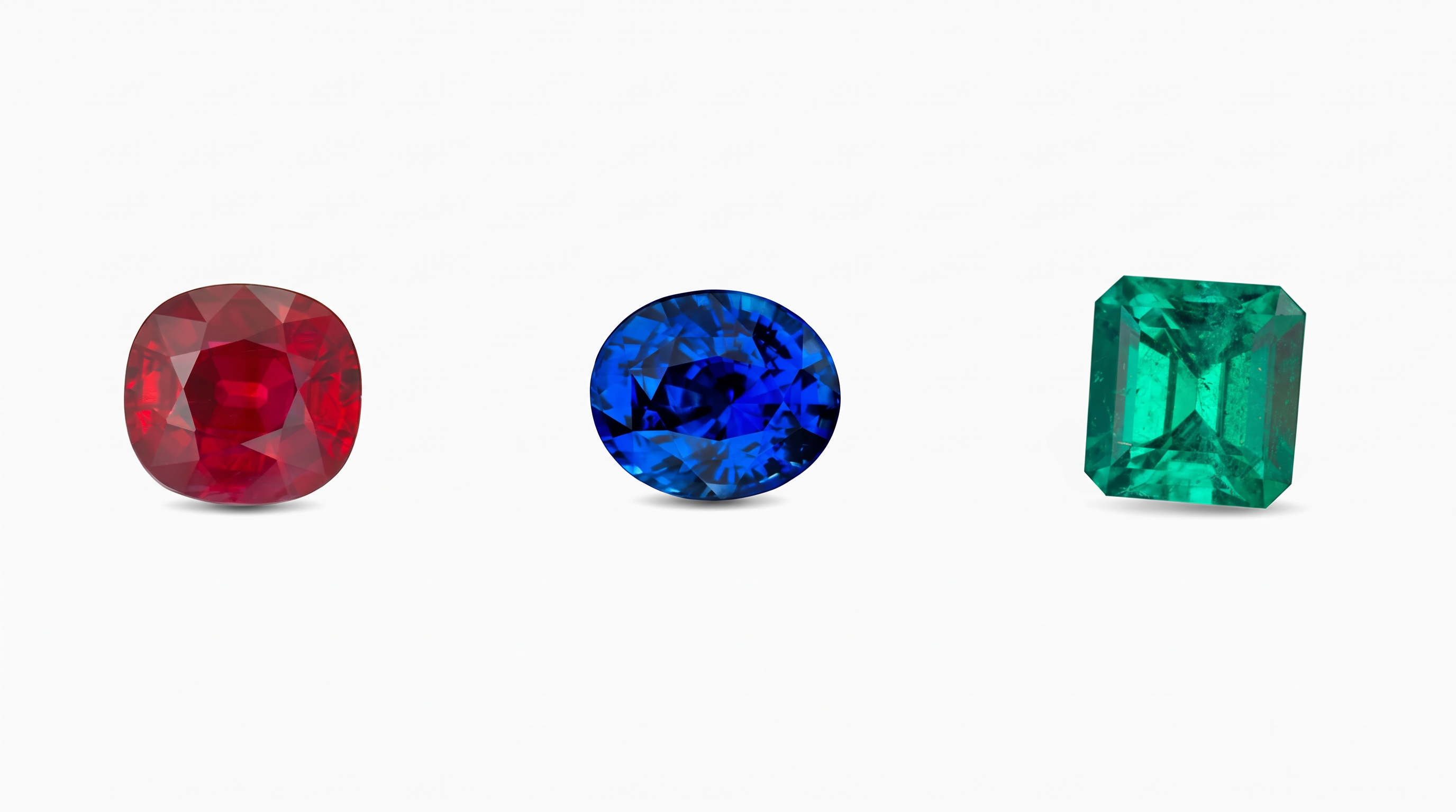 A red ruby, a blue sapphire plus a green emerald side by side on white