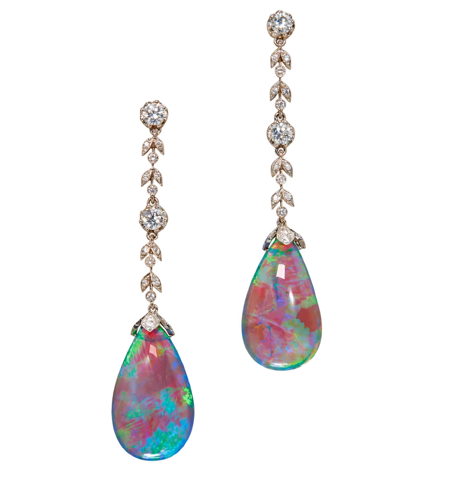 Pair of opal drop earrings with vivid red, blue plus green play-of-colour, suspended from diamond-set 18K gold chains