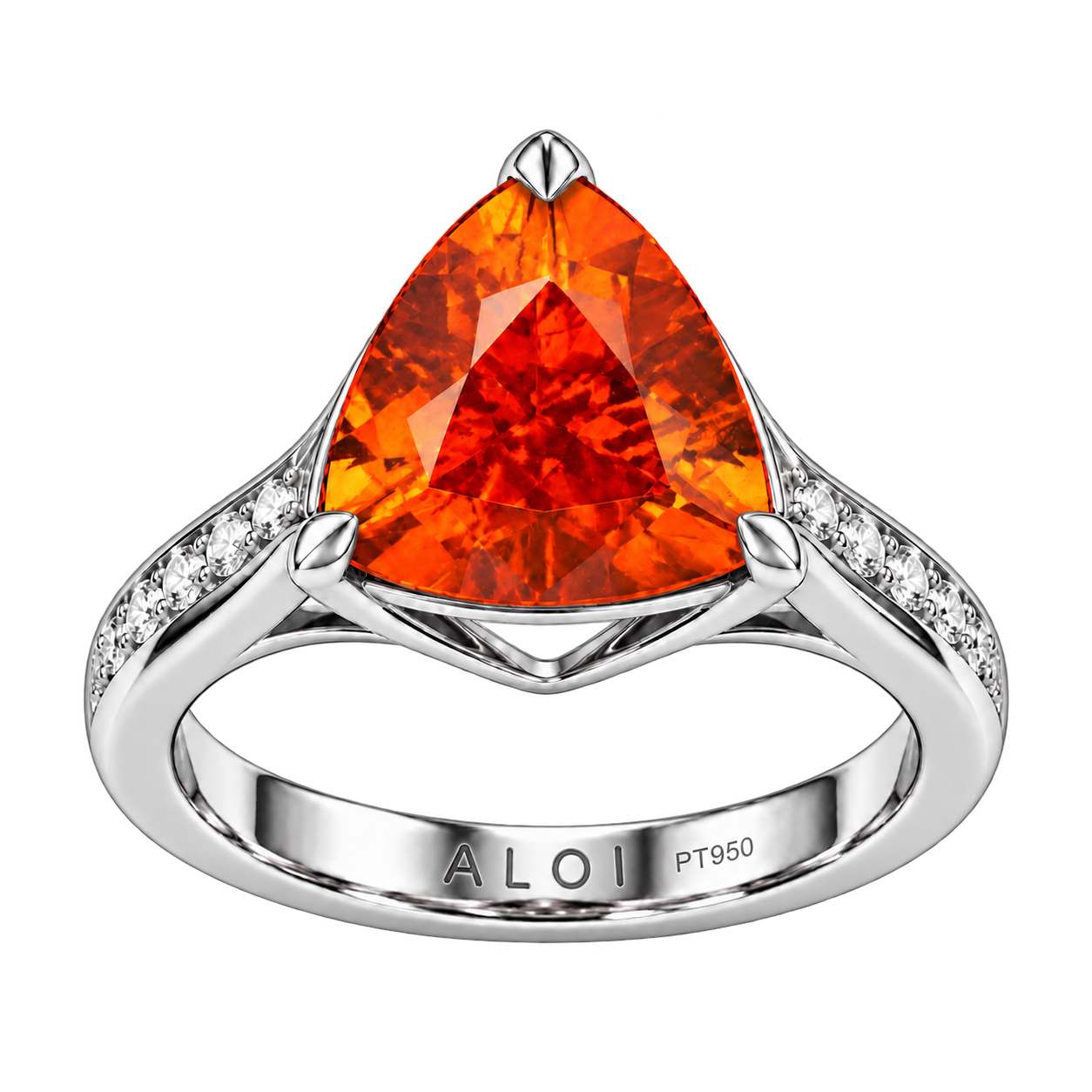 Trillion-cut mandarin garnet solitaire ring in PT950 platinum with pavé diamond shoulders, handmade by Studio ALOI in Dubai