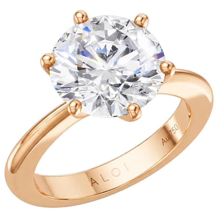 Round brilliant diamond solitaire ring in 18K rose gold, ALOI AU 750 engraving