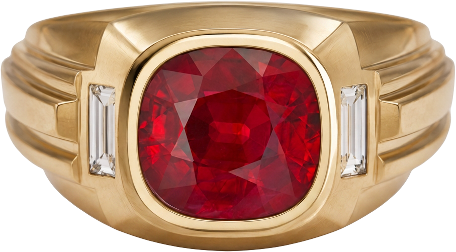 Yellow gold ruby ring with baguette diamond shoulders by Studio ALOI