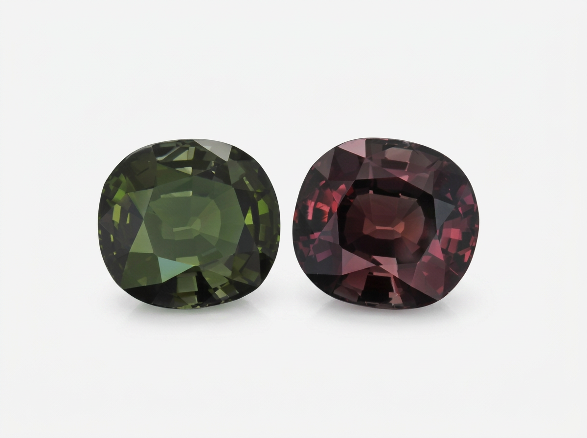 Two alexandrites, one green in daylight plus one red under warm light