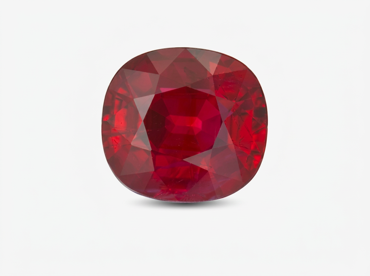 A cushion cut ruby with deep, glowing red color