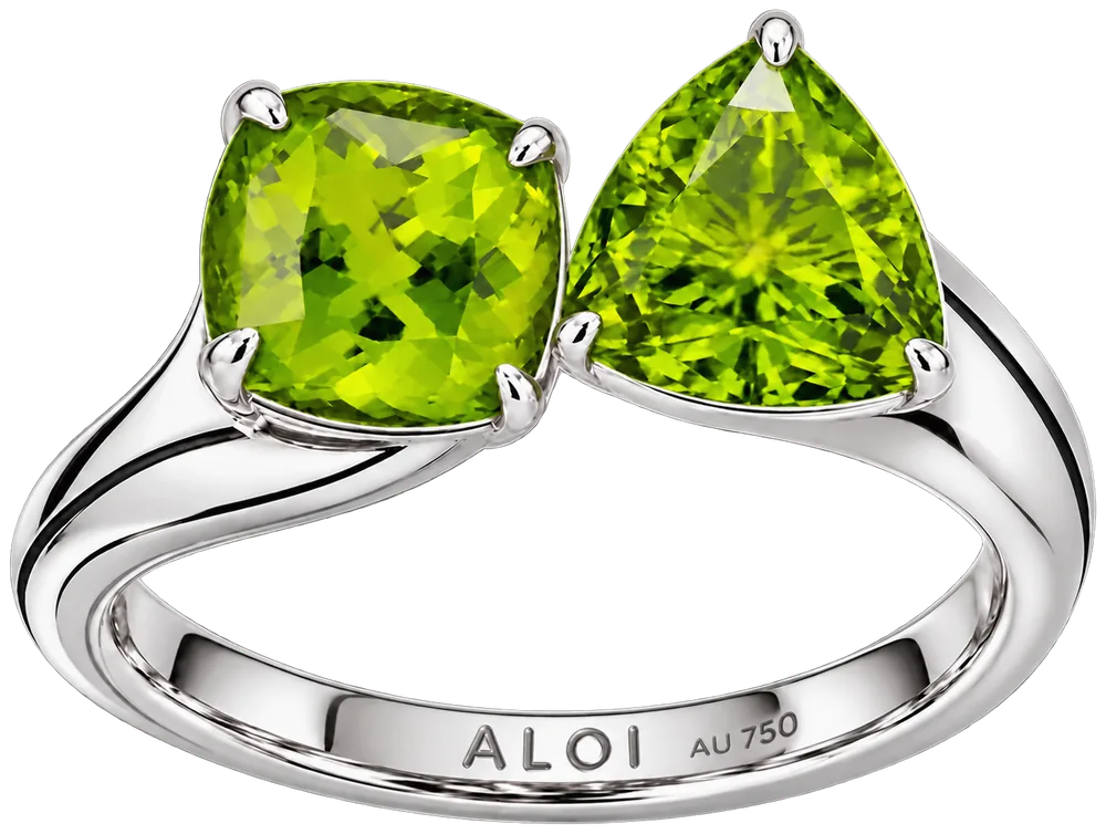Toi-et-moi peridot ring in 18K white gold, cushion plus trillion cut peridots, ALOI AU 750 engraving