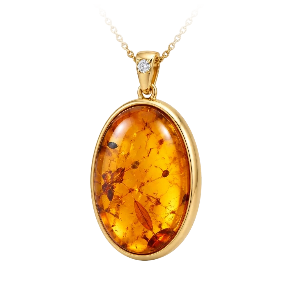 Jewelry design concept: oval amber cabochon pendant in yellow gold with a diamond bail