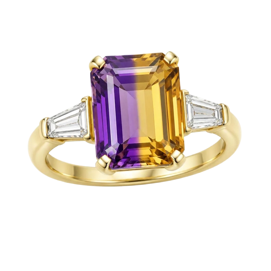 Jewelry design concept: purple and yellow ametrine ring with baguette diamonds in yellow gold
