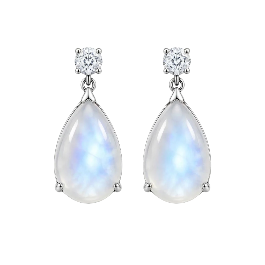 Jewelry design concept: moonstone cabochon drop earrings with diamond studs in white gold