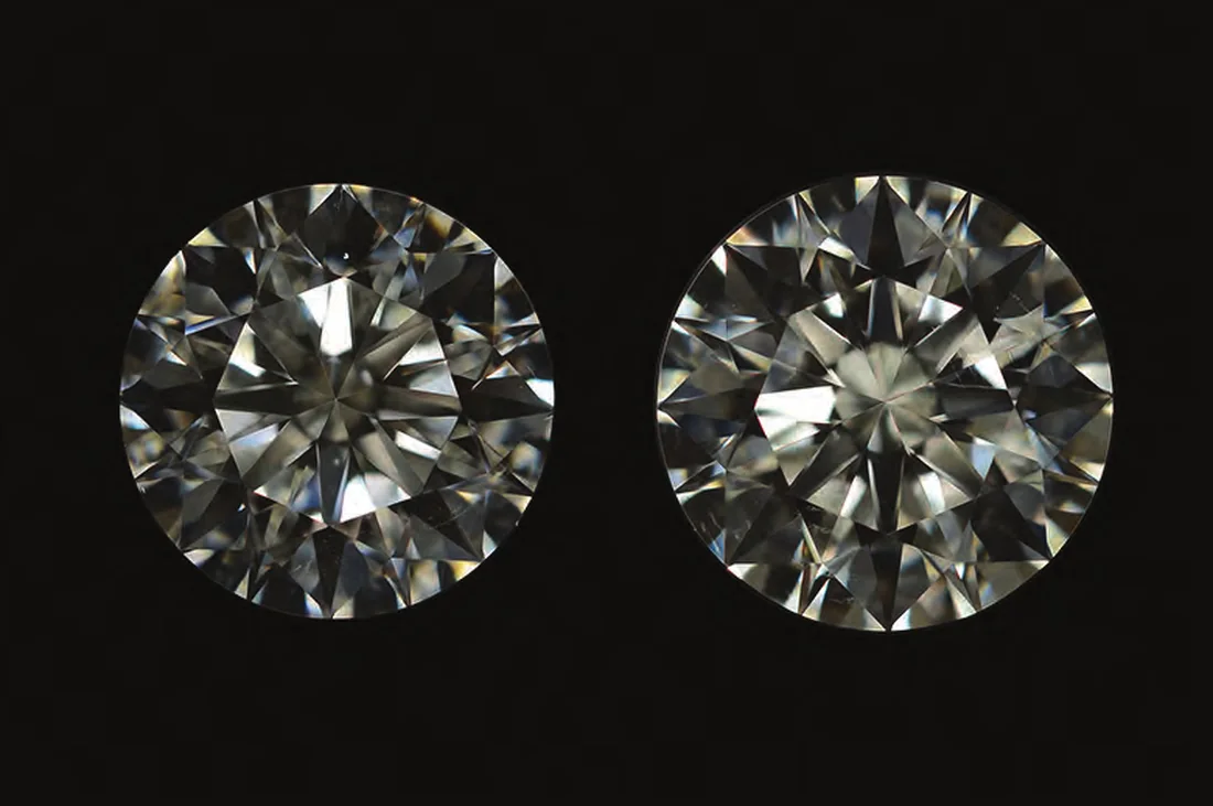 Two round brilliant diamonds compared side by side for colour and clarity