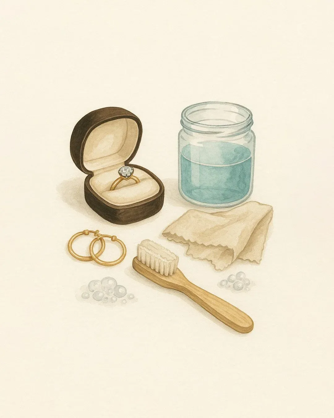Illustration of everyday jewelry cleaning with a ring in a box, glass of soapy water, cloth, toothbrush, and gold hoop earrings.