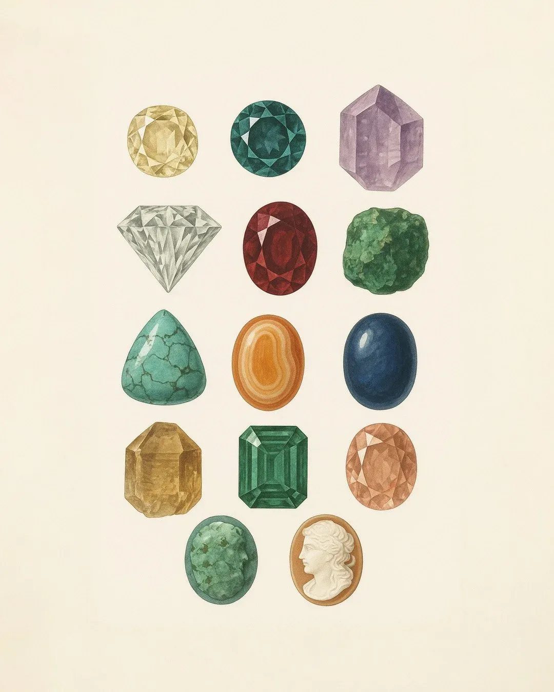 Illustration of various gemstone types including diamond, emerald, amethyst, turquoise, sapphire, and cameo in different shapes and colors.