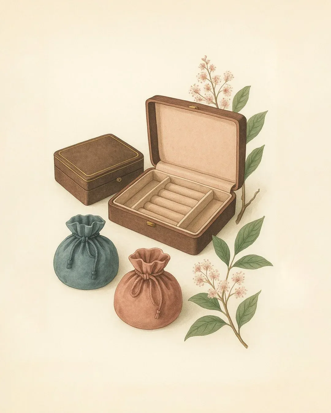 Illustration of jewelry storage with soft pouches, lined boxes, and decorative leaves for proper handling and care.
