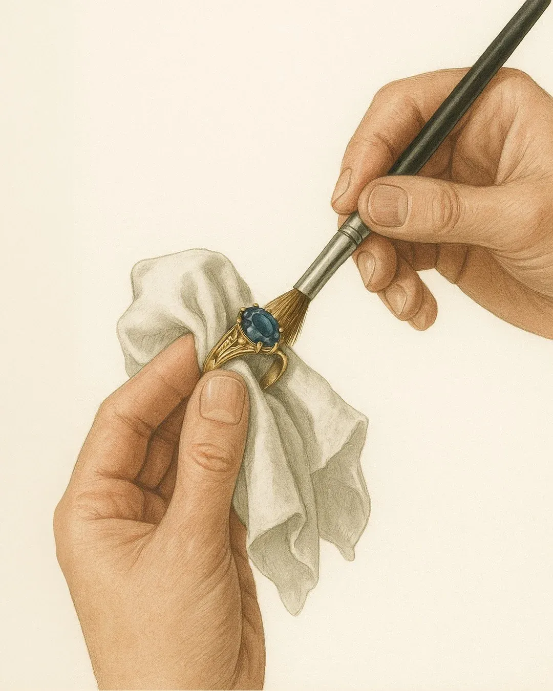 Illustration of jeweler’s hands inspecting and cleaning a gemstone ring with a brush and cloth for professional jewelry care.